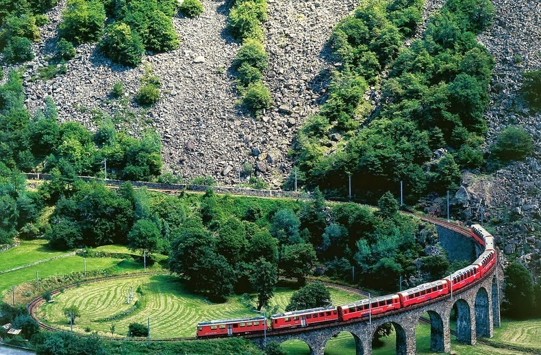 The Brusio Spiral Viaduct is a single-track nine-arched stone spiral railway viaduct located in Brusio, in the Canton of Graubünden, Switzerland.
