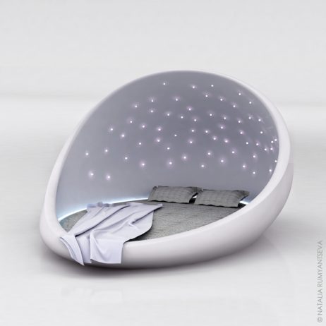 Cosmos Bed Design like a Cross-Sectioned Egg or Capsule in a Science Fiction Film.