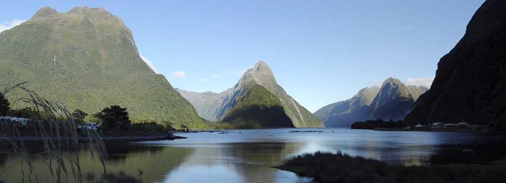 Panorama of Milford Sound looking northwest from the township.