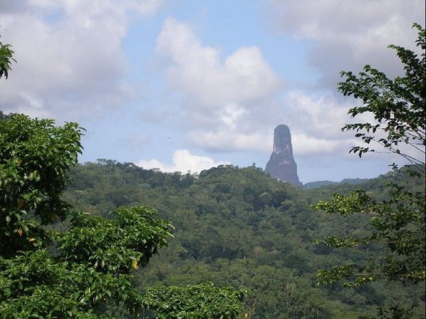 Pico Cao Grande is also called the Great Dog Peak actually a towering needle-shaped volcanic plug peak in São Tomé and Príncipe