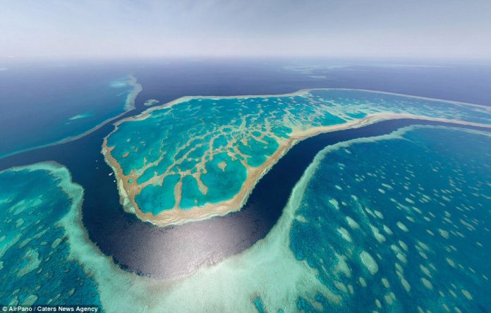 Looking down, down under! Australia's barrier reef looks a brilliant shade of turquoise in this landscape capture
