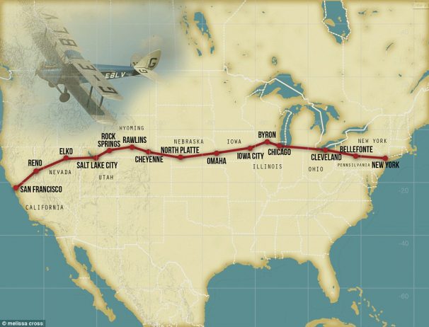One of the most important flight routes and the first to be completed, stretched across the US from New York to San Francisco
