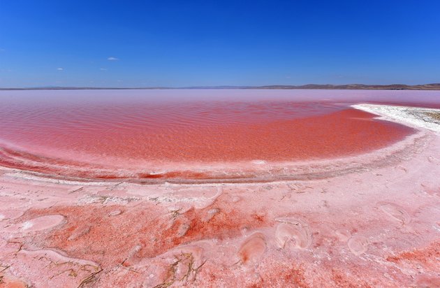 A view from the "Salt Lake" in Aksaray, Turkey on July 16, 2015. Dunaliella salinas, a type of halophile micro-algae especially found in sea/lake salt fields, colorize a part of the lake this season of the year. (Photo by Murat Oner Tas/Anadolu Agency/Getty Images)