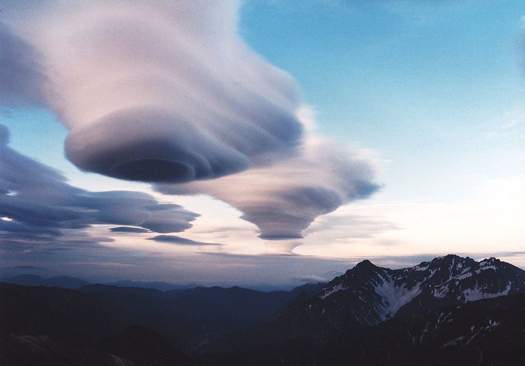 Lenticular Clouds over Mount Hotaka, Hida Mountains in Nagano Prefecture, Japan.