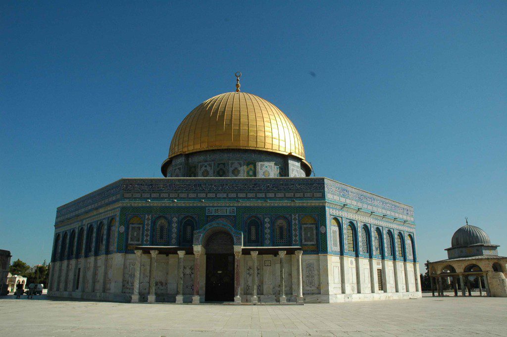 The Dome of the Rock mosque in Jerusalem has vibrant turquoise mosaic tiles and a gigantic golden dome. It is said to be the third holiest in Islam after Makkah and Medina