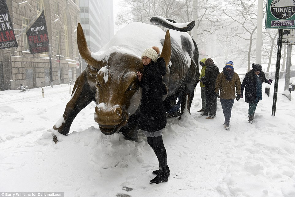 Tourists pose with the Wall Street Bull in New York City, despite the treatorous weather, as Storm Jonas battered the East Coast of America