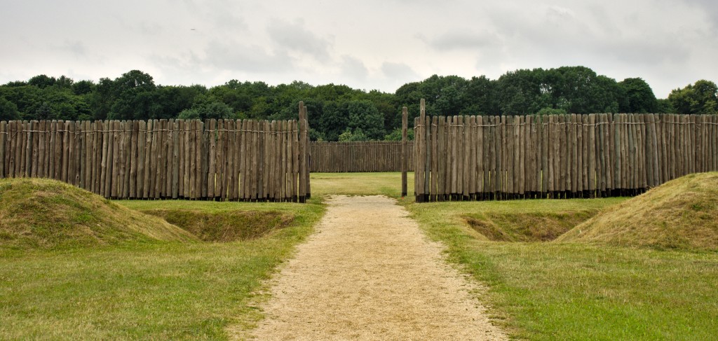 Entrance to the reconstructed Neolithic Circular Enclosure at Goseck (Saxony-Anhalt, Germany), with the bank, ditch and palisade at the forefront
