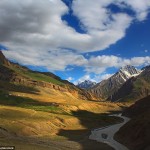Pin river meanders through the high mountains of Pin Valley in Himachal Pradesh, a remote part of northern India with Tibetan influences