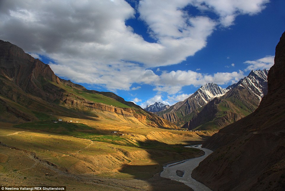 Pin river meanders through the high mountains of Pin Valley in Himachal Pradesh, a remote part of northern India with Tibetan influences