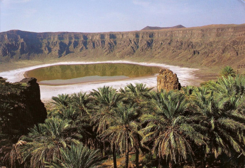 Moreover, the strange salt point is, the green vegetation grows on and around its rim, even though crater is arid and barren. 