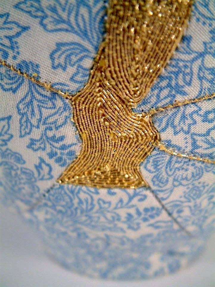 Brighton based embroidery artist has used patterned fabric and metallic thread, and her creations put an astounding new spin on the ancient Japanese custom of kintsugi.