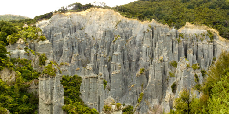 Earth pillars or hoodoos located at the head of a valley in the Aorangi Ranges in Wairarapa region in New Zealand. 