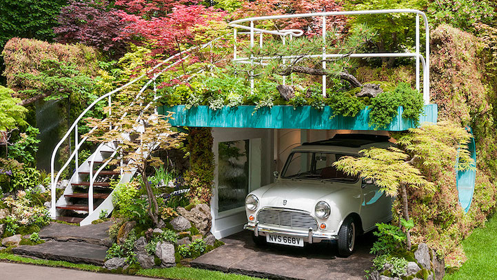 Creative Lush Garden Garage Idea Wins Gold Medal  - The artist Kazuyuki Ishihara built an eye-catching garden with a vintage car parked in during the Chelsea Flower Show in London. 
