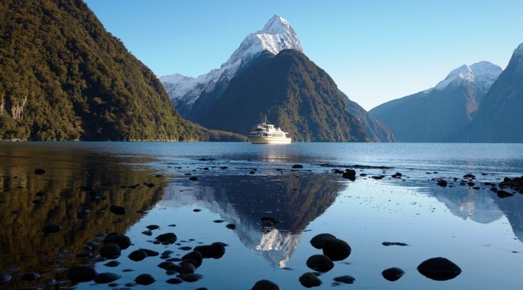 Mitre Peak is located close to the shore of Milford Sound, in the Fiordland National Park in the southwestern South Island.