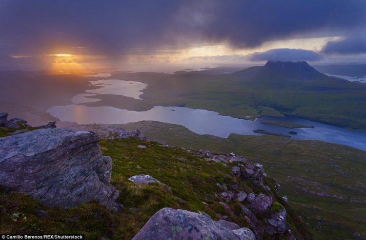 The low-hanging clouds around Coigach and Inverpolly (above) shut out the orange glow of the sun's rays trying to break through