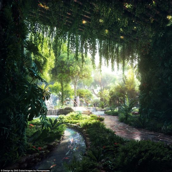 The rainforest will be located inside a five-storey podium at the base of two 47-storey towers, and filled with exotic plants