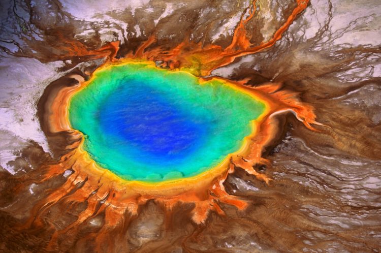 The Grand Prismatic Spring in the Yellowstone National Park, Wyoming, gets its vivid hues from the heat-loving bacteria that live in its simmering core