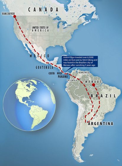 Anton traveled through at least ten countries from Canada, including the United States, Mexico, Guatemala, Costa Rica, Panama, Colombia, Venezuela, Argentina and Brazil
