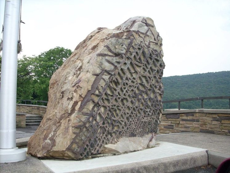 The one side of the rock appears a usual waffle-like geometric pattern of raised, darker stone that runs in almost completely straight lines across the rock’s surface.