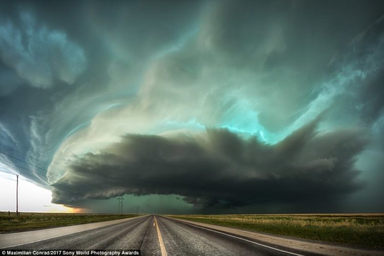 A tornado supercell storm rolls over the town of Stratford, Texas, USA