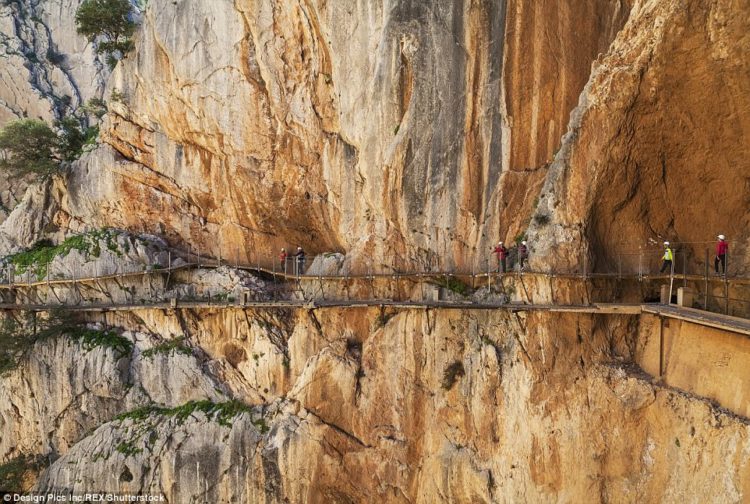 El Caminito del Rey or The King's little pathway is a walkway, pinned along the steep walls of a narrow gorge in El Chorro, near Ardales in the province of Málaga, Andalucia, Spain