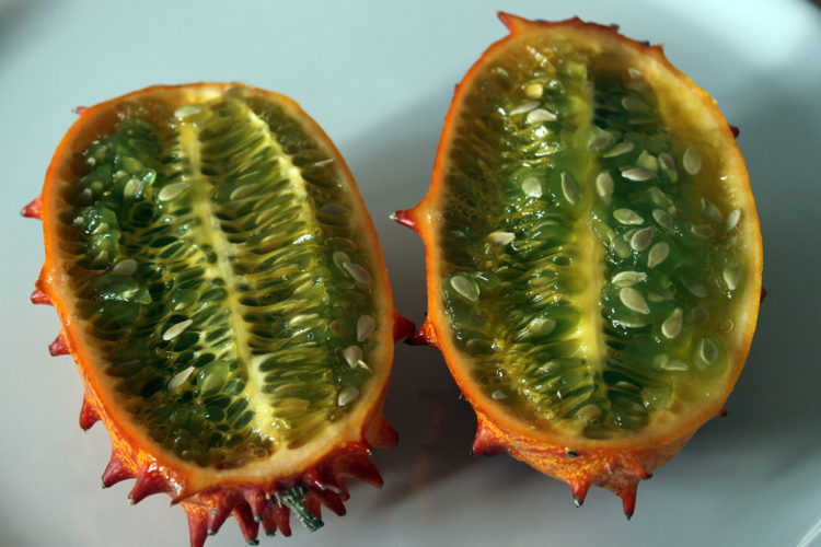 The horned melon has orange skin/lime green with a refreshingly fruity taste, and textures same to passionfruit or pomegranate or combination of banana cucumber and lime