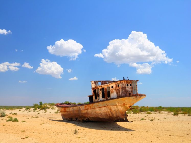 In 2007, it had dropped to 10% of its original size, splitting into four lakes! the North Aral Sea, the eastern and western basins of the once far larger South Aral Sea, and one smaller lake between the North and South Aral Seas.
