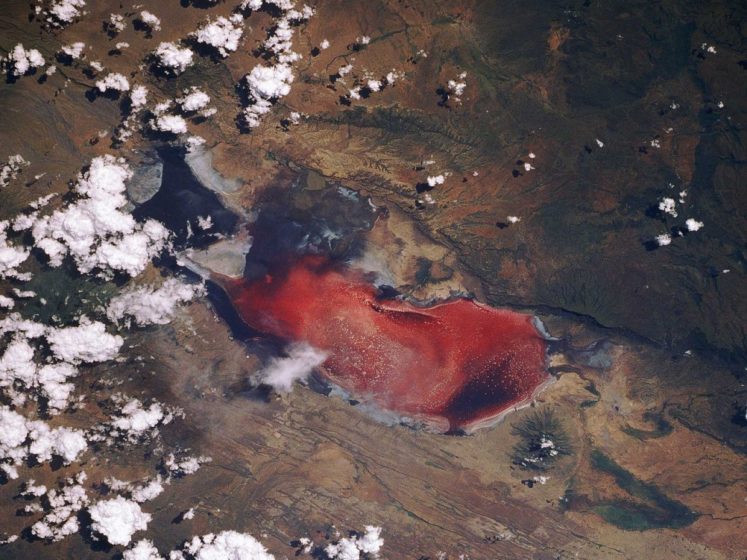 Lake Natron in Tanzania is famous for its deep red hue, part of the East African Rift Valley, and gets its color from the algae that live on salt in water from nearby volcanoes.