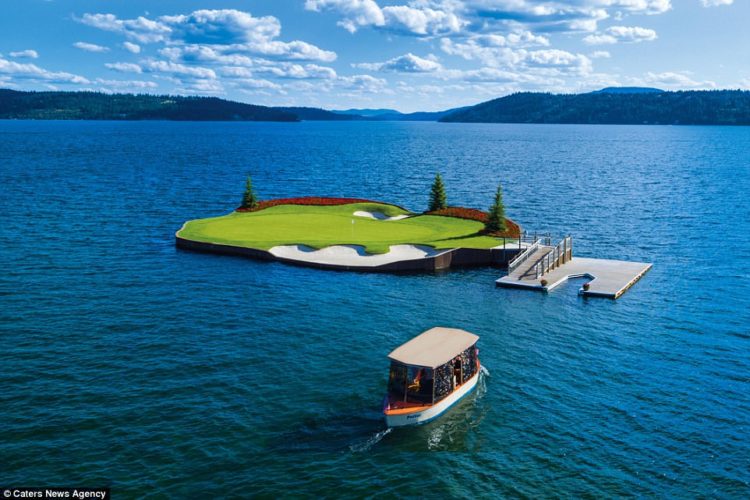 Golfers must take a boat to the green in order to complete the par three hole on the world-renowned course in the USA