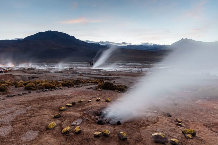El Tatio is a geyser field located within the Andes Mountains of northern Chile along the border between of Bolivia.