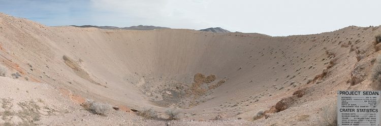 Sedan Crater comes into existence of Sedan Nuclear Test. This Crater is located within the Nevada Test Site twelve miles of Groom Lake. 