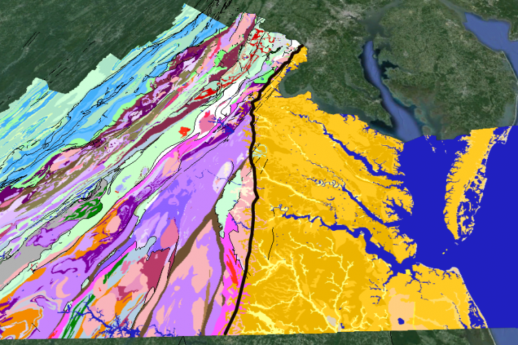 the Fall Line zone black line separates the Coastal Plain of eastern Virginia yellow from the hard bedrock of the Piedmont Atlantic Seaboard Fall line