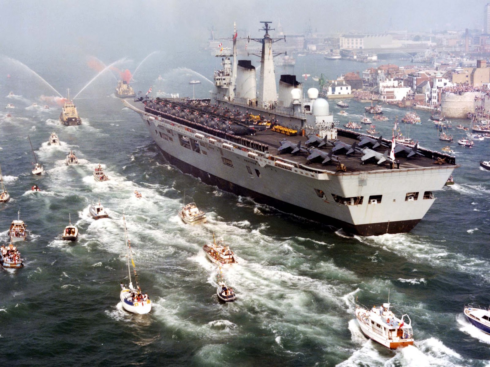 HMS Invincible returns home following the Falklands War, 1982