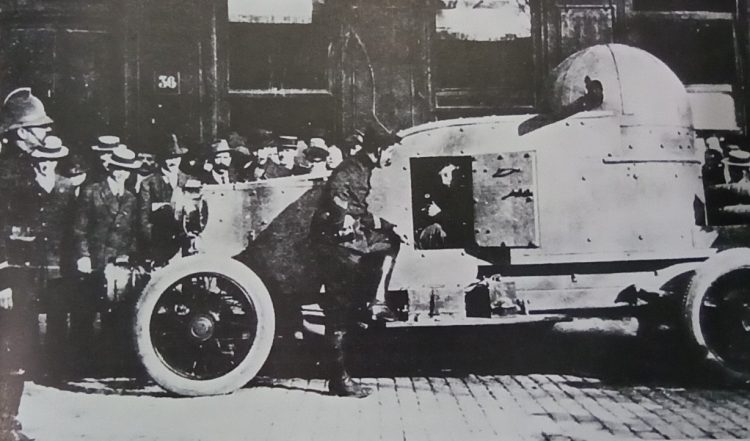 Armoured Cars and Tanks - One of the first enclosed Belgium armoured car The SAVA, appeared on the roads in October 1914, and boasted fully enclosed engine and crew compartment and domed turret which was open at the rear.