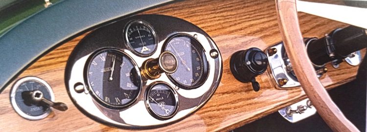 Noble Marque – In the Bugatti Type 38 roadster, the speedometer and other instruments were set into a fine walnut dashboard.