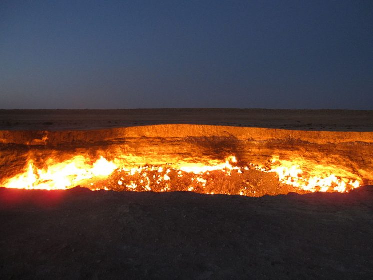Gates to Hell “Darvaza gas crater” and Door to Hell a natural gas field, accidentally collapsed into a cavern drilling rig to fall in.