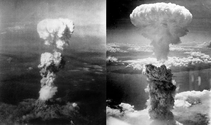 Hiroshima 1945 - Atomic bomb mushroom clouds over Hiroshima (left) and Nagasaki (right)