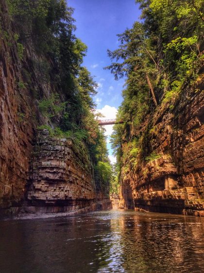 Ausable Chasm's rock walls are made up of Potsdam Sandstone from the Cambrian Period, giving them their red color.