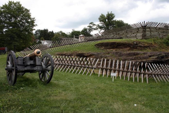 The wooden stockade fort was finished in September 1758 and was square in shape with bastions in each corner.