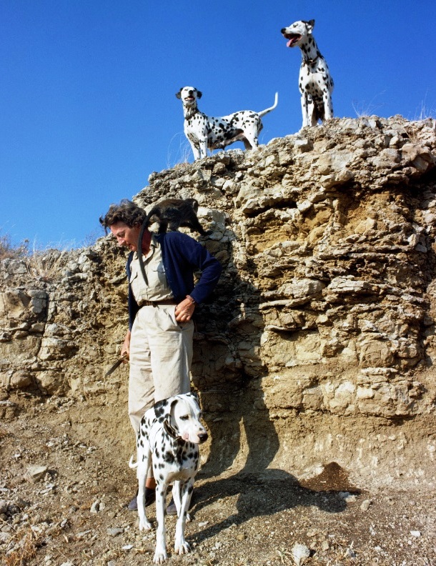 Mary Leakey, with her pet monkey Simon and Dalmatian guard dogs, hunts for fossils in Olduvai Gorge.