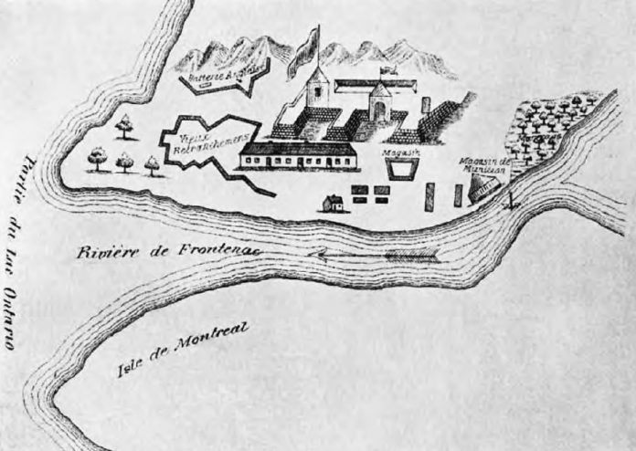 Fort Frontenac was cited on the northeastern shore of Lake Ontario and abutted the Cataraqui River near present-day Kingston, Ontario.