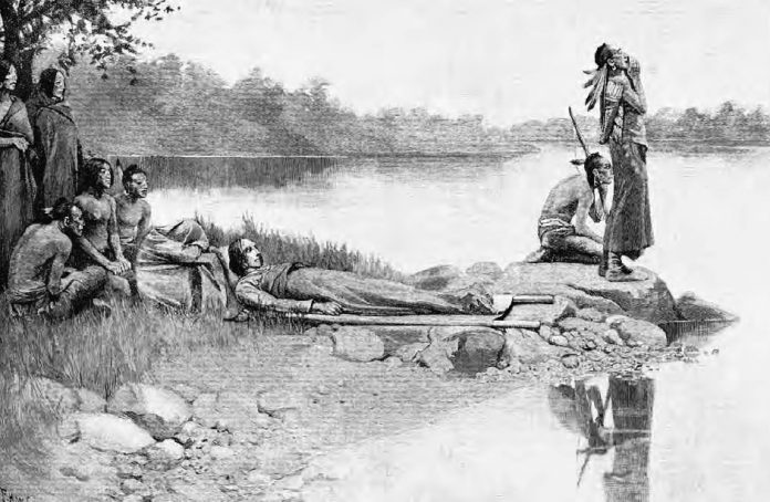 Artist depiction of death of Wamsutta chief of the Wampanoags
