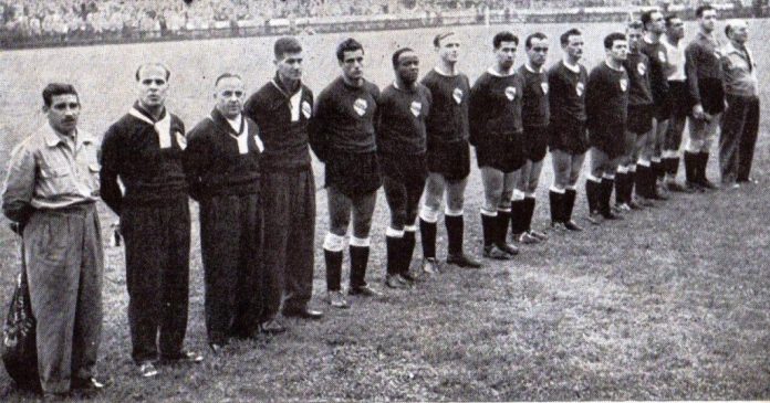 FIFA World Cup Semi-Final 1954 - URUGUAY, left to right: Abbadie (5th from left) then Andrade, Santamaria, Gruz, Hohberg, Ambrois, Borges, Schiaffino, Martinez, Carballo, Maspoli.