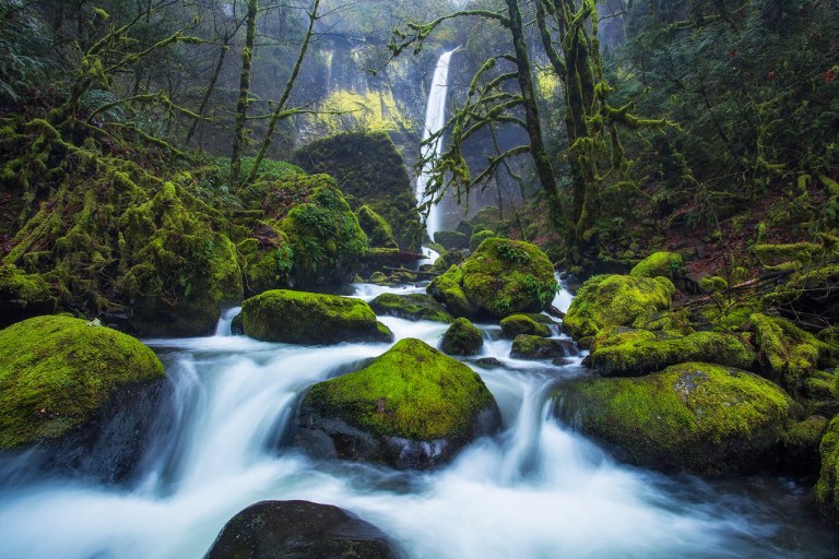 The Elowah Falls, also known as McCord Creek Falls, is in Multnomah County, Oregon, the U.S. This is a 213-foot-high scenic waterfall in the Columbia River Gorge.