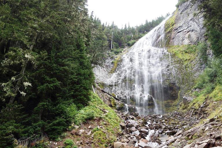 The Spray Falls waterfall is located in the Mount Rainier National Park in Pierce County, Washington.