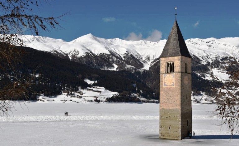During the winter, it is possible to walk to the steeple of the submerged 14th-century church on the lake when the water freezes.