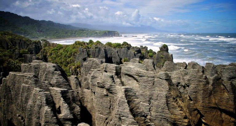 A limestone area near Punakaiki called Pancake Rocks suffers from heavy erosion and has several vertical blowholes created by the sea.