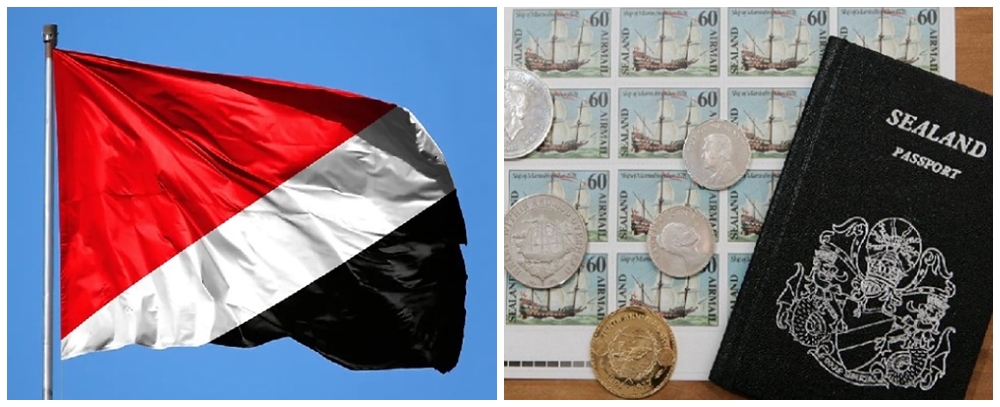 The flag of Sealand features a red and black field with a white diagonal stripe running from the upper hoist-side corner to the lower fly-side corner.