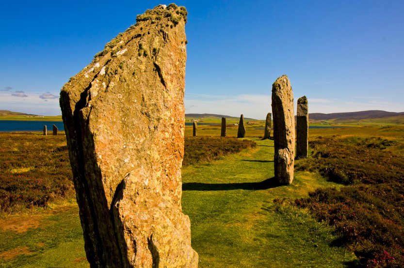 Archaeologist Gordon Childe first excavated the Ring of Brodgar in 1925. Stones were originally set in sockets dug into the ground, and wooden lintels were originally capped on top of the stones.