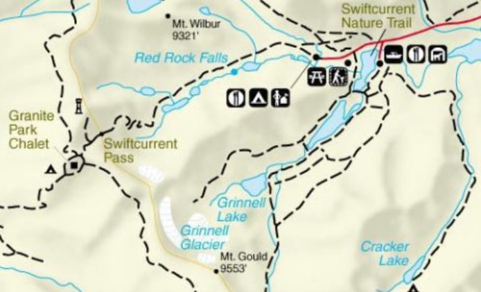 In Glacier National Park, you can hike to Redrock Falls from the Swiftcurrent Pass Trailhead in Many Glacier.